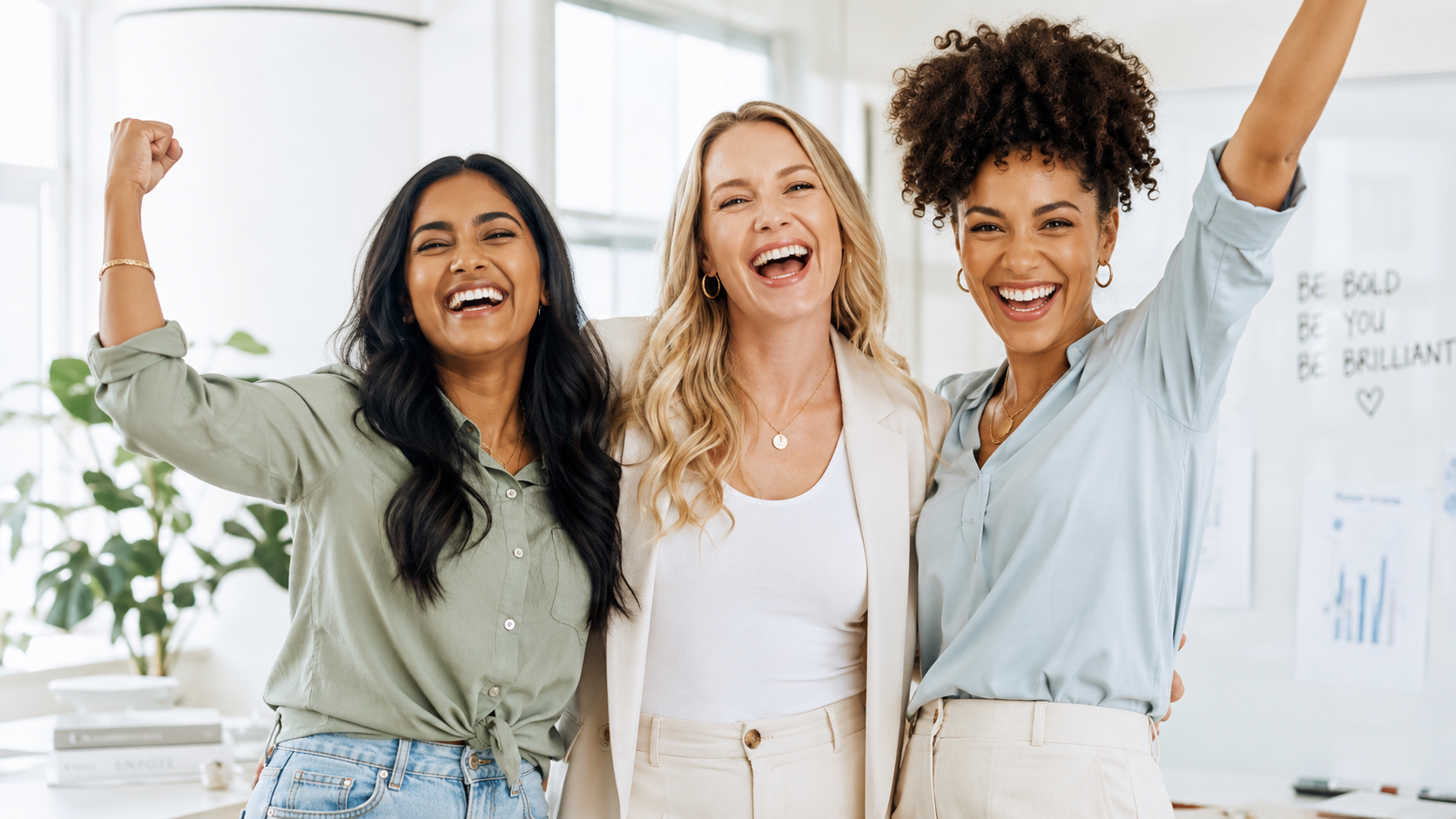 Three diverse female founders celebrating together in a bright modern office, arms raised and laughing